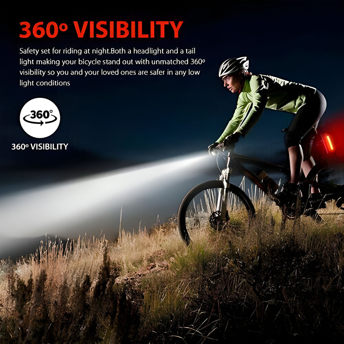USB Rechargeable Bicycle Headlight and Tail Light Set - Super Bright, Waterproof, 360° Visibility
