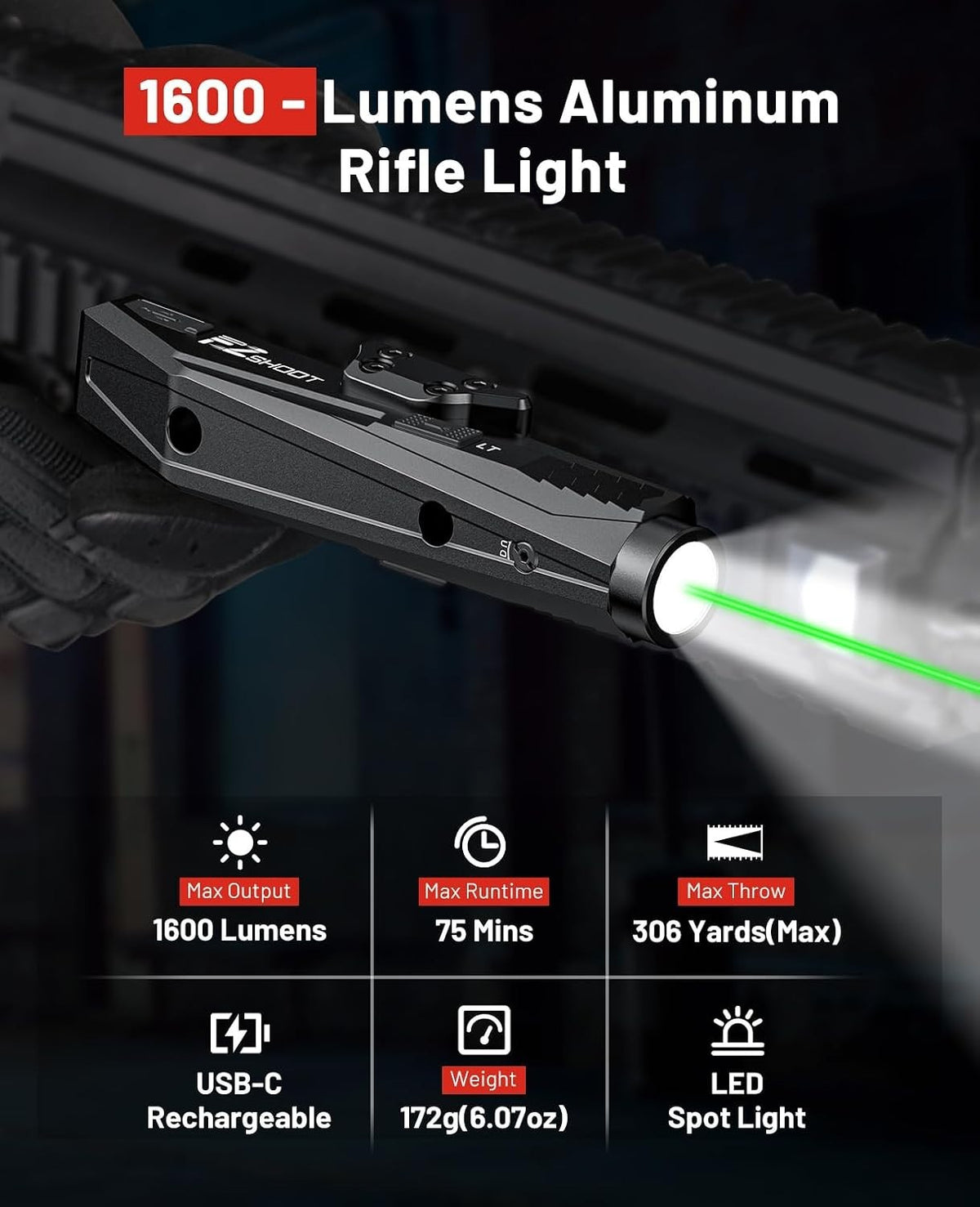 1600 Lumens Tactical Rifle Flashlight with Green Laser Combo, Rechargable, Mount