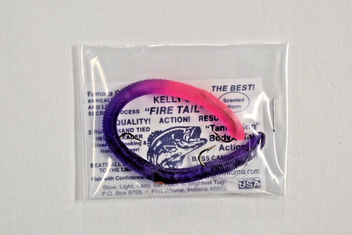 Pre-Rigged Bass Worms Set - 12 Purple Fire Tail Scented Plastic Lures