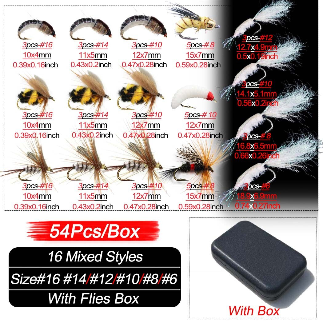 Fly Fishing Flies Collection - Dry, Wet, Nymph Assortment with Fly Box - Multiple Sizes