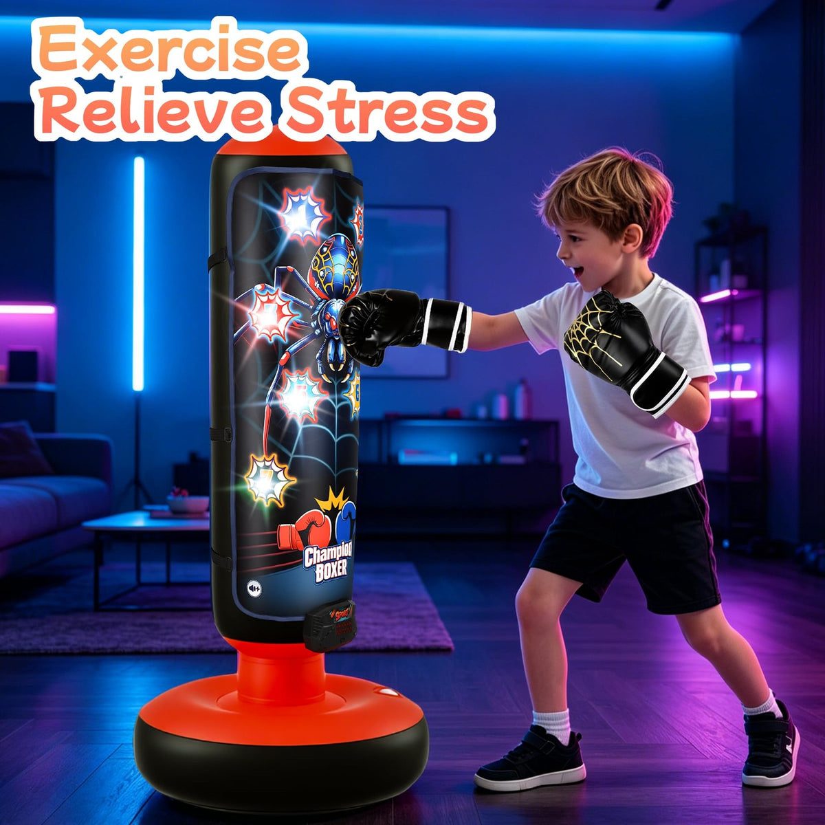 Inflatable Electronic Boxing Bag Set with LED Lights & Gloves for Kids Ages 3-12