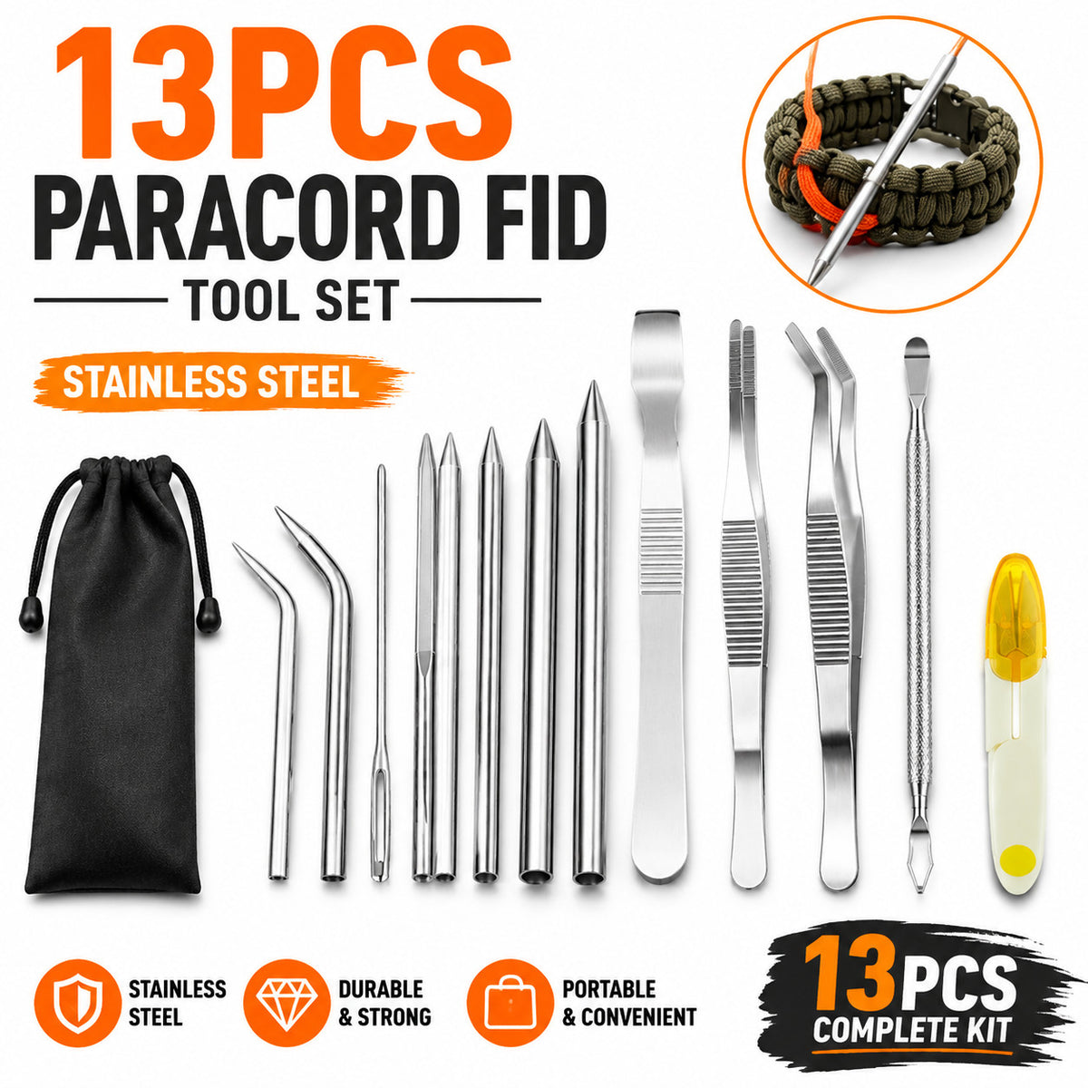 13PCS Paracord Stitching Set with Needles, Fids, Tweezers & Ripper for Leather & Craft Projects