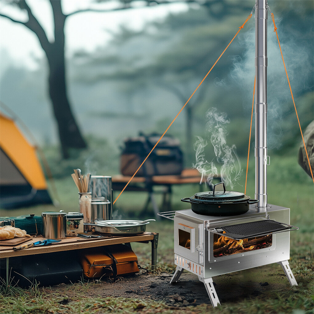 Large Portable Camping Wood Stove with Stainless Steel Chimney Pipe