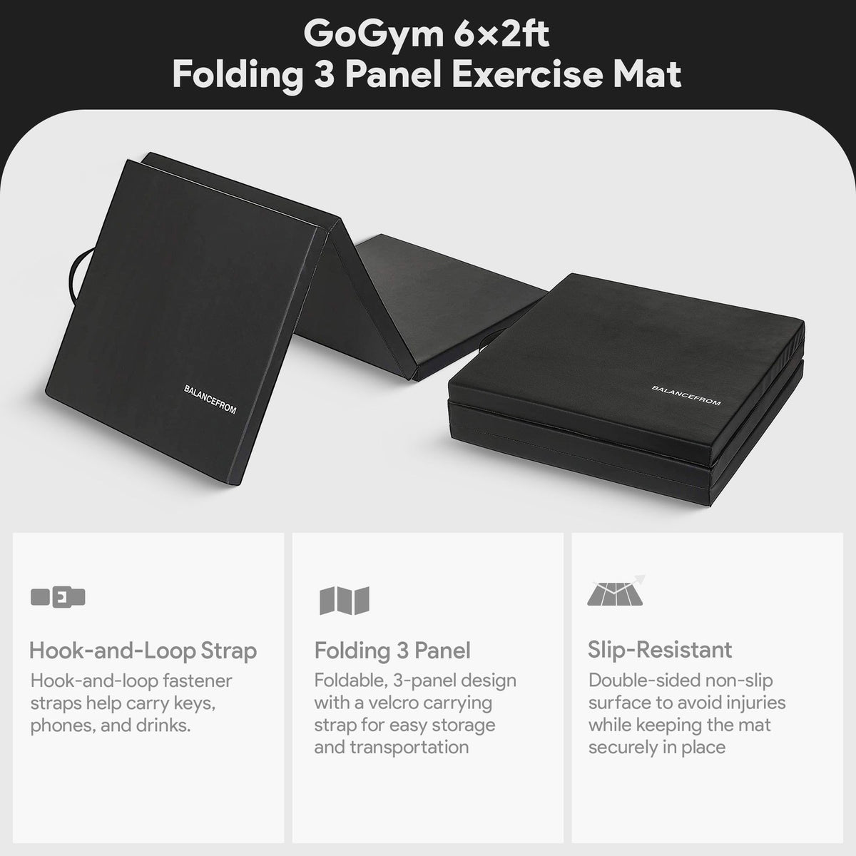 6x2ft Folding Exercise Mat 3-Panel Workout Floor Mat - Black 2 Pack