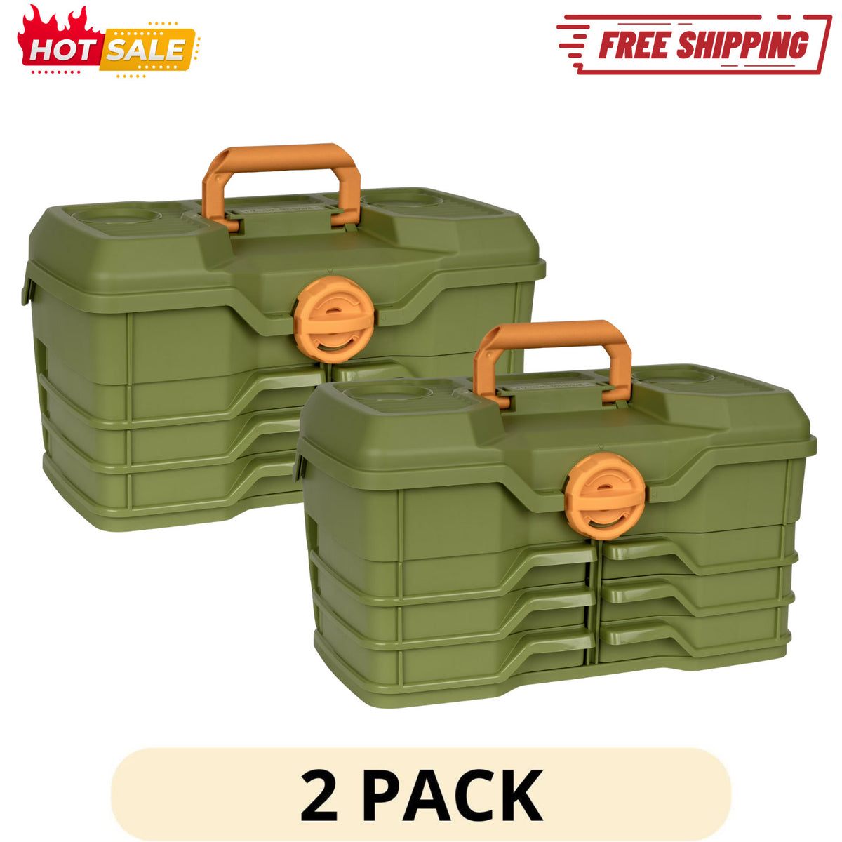 2 Pack Large Fishing Tackle Boxes - 15.5 Inch Green Storage Organizers
