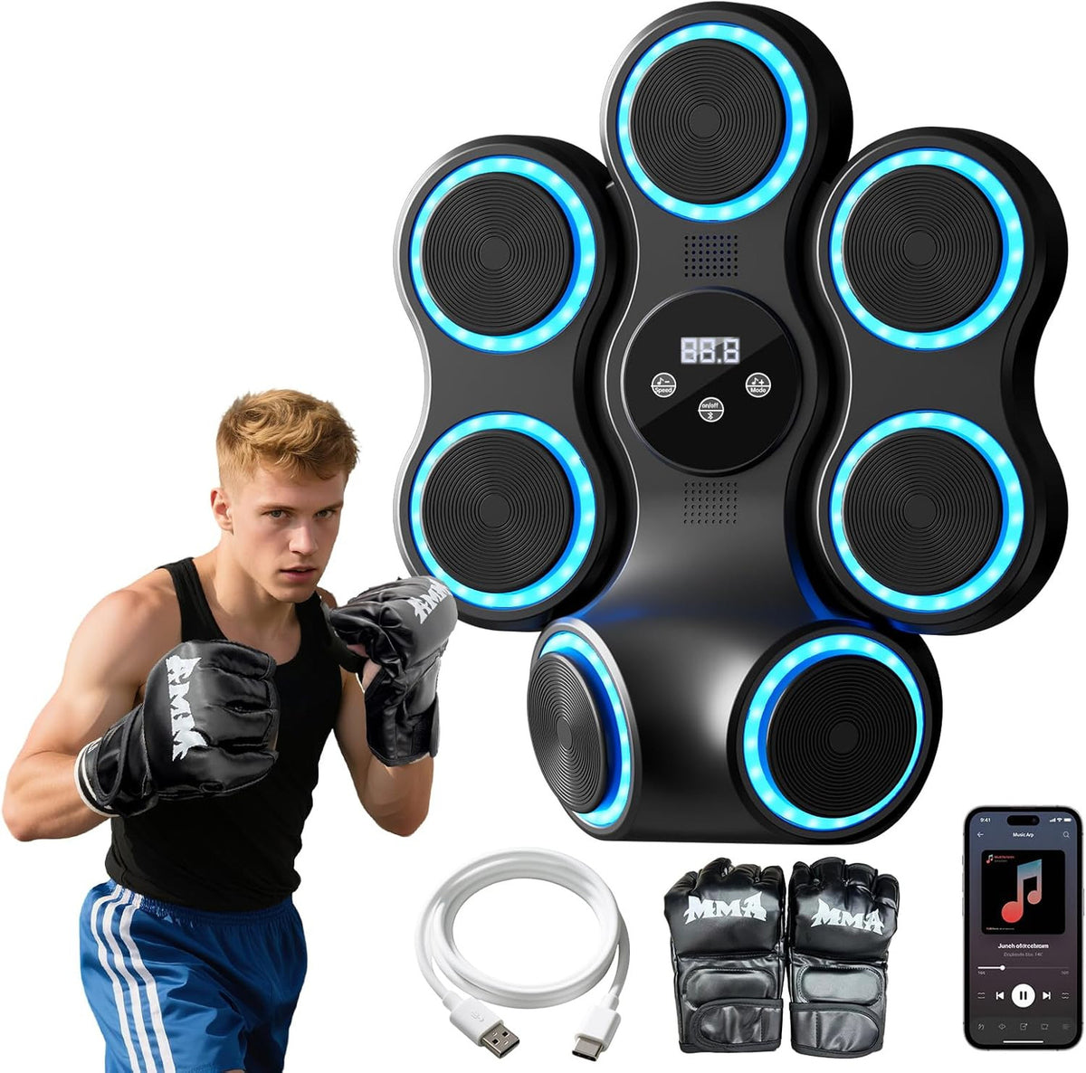 Interactive Boxing Machine with LED Lights and Bluetooth Speaker