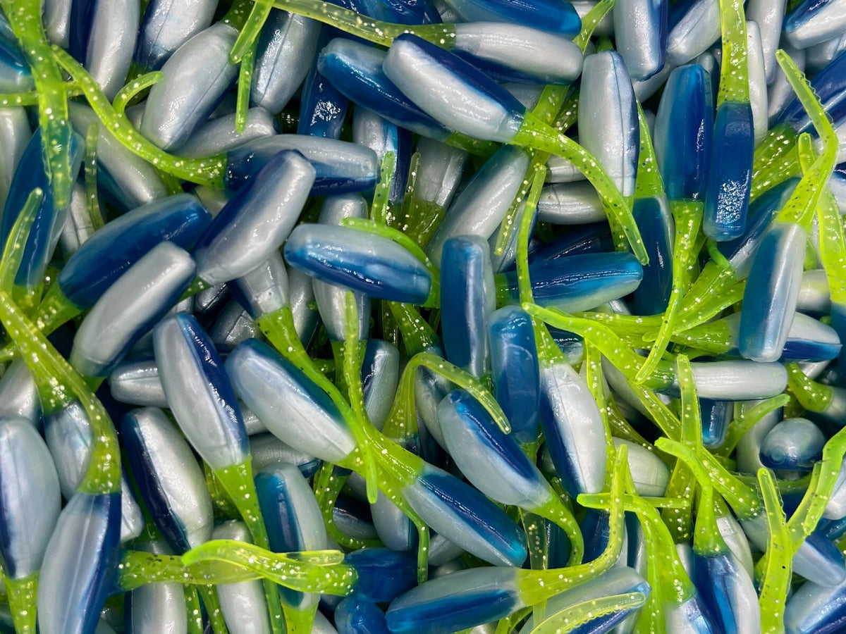100 Pack 2-Inch Blue Storm Stinger Shad Fishing Lures for Crappie Bluegill Perch