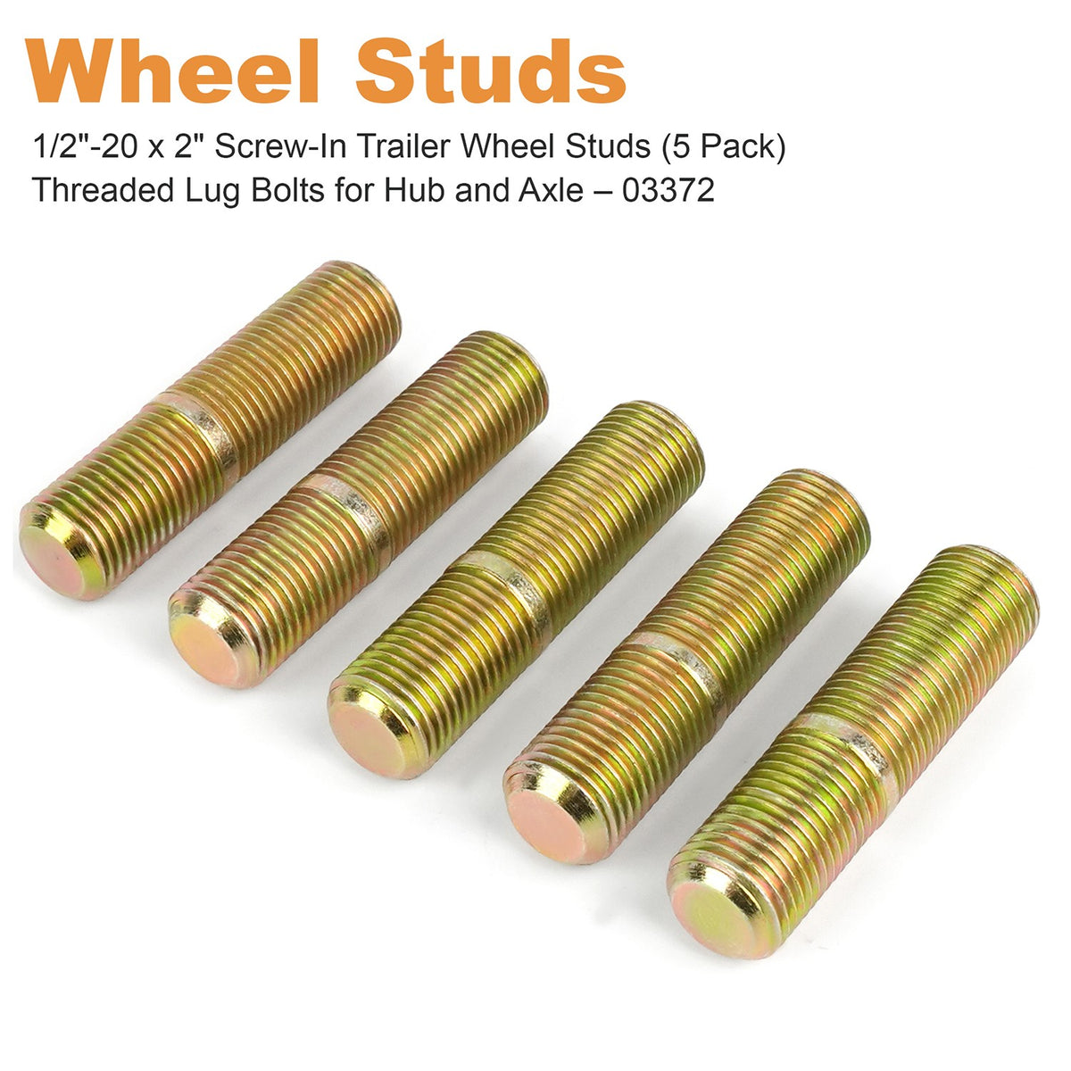 Trailer Wheel Studs 1/2-Inch-20 x 2 Inches, Pack of 5