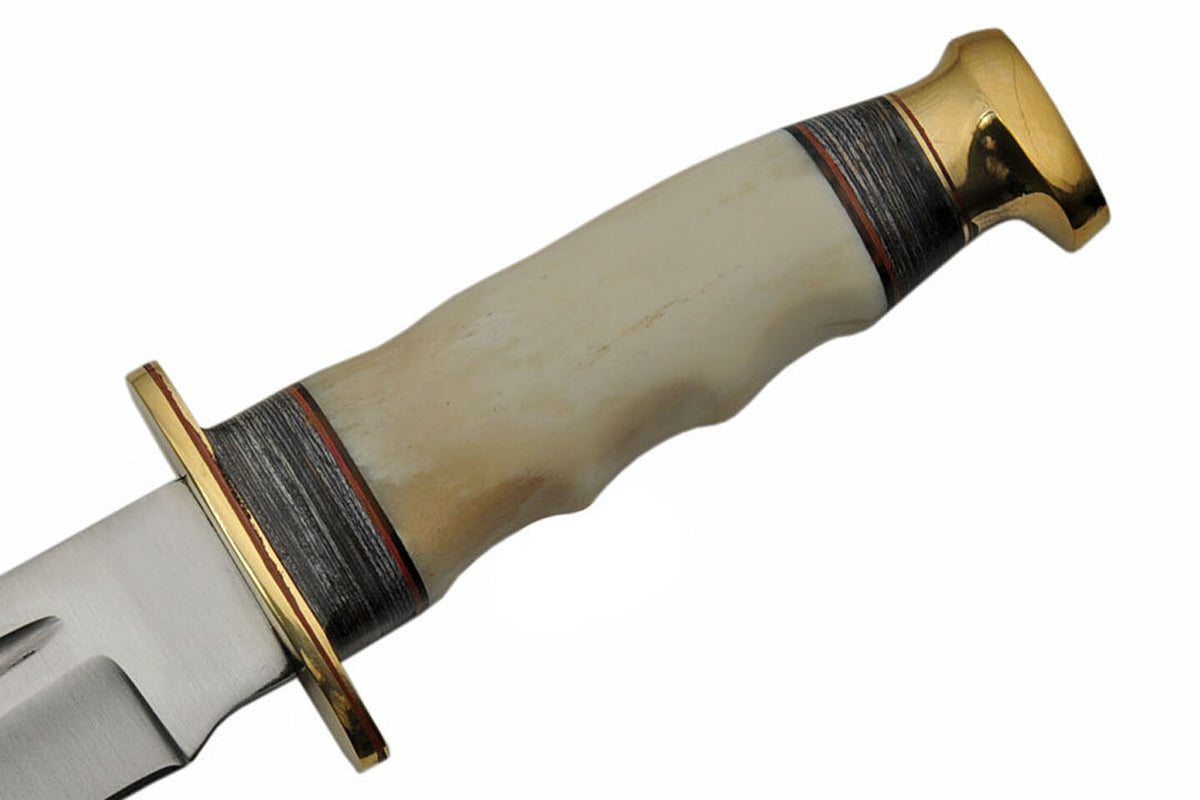 Fixed Blade Bowie Knife with White Bone Handle and Leather Sheath - 6.25 Inch Blade