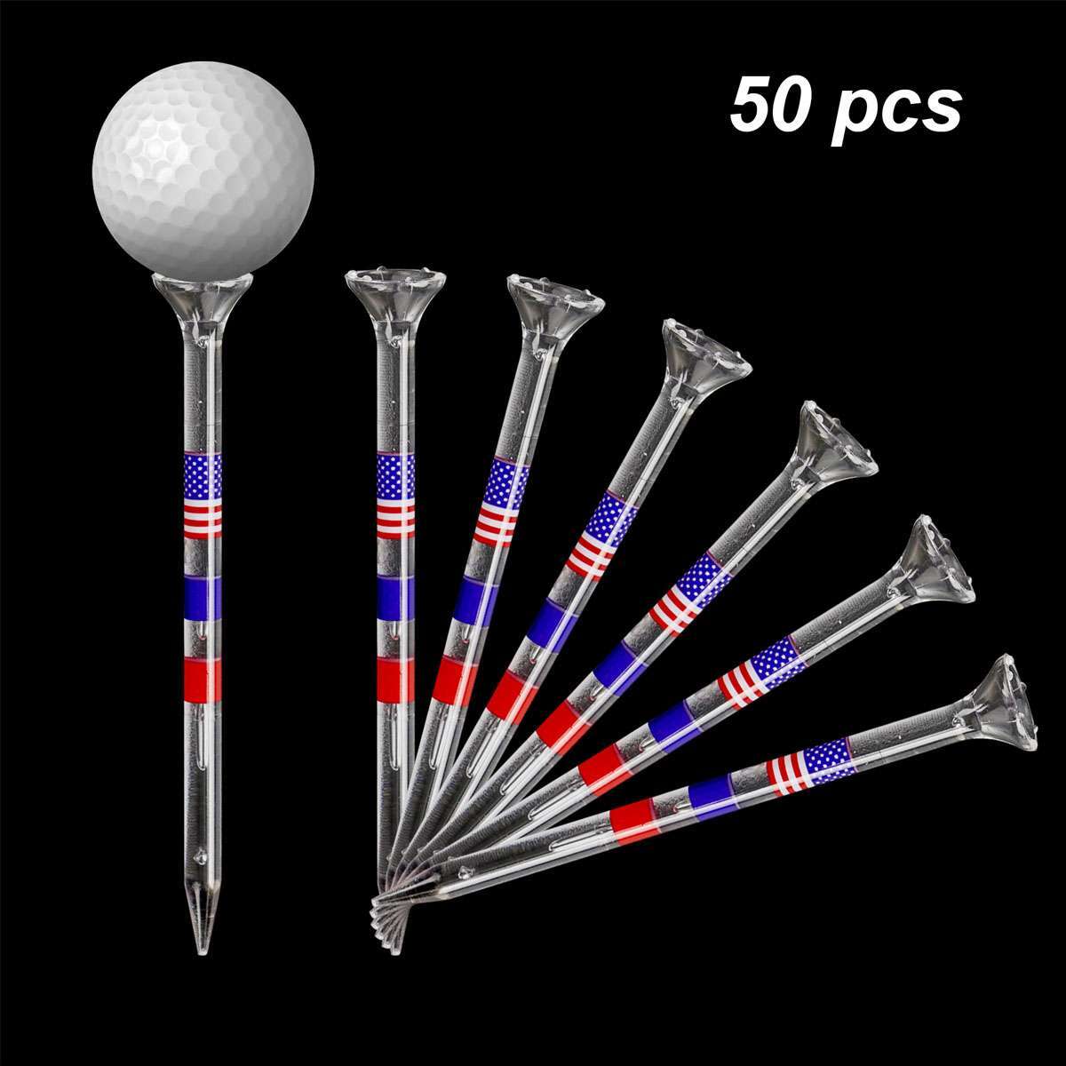 50PCS Transparent Acrylic Golf Tees with American Flag Design - Unbreakable & Durable