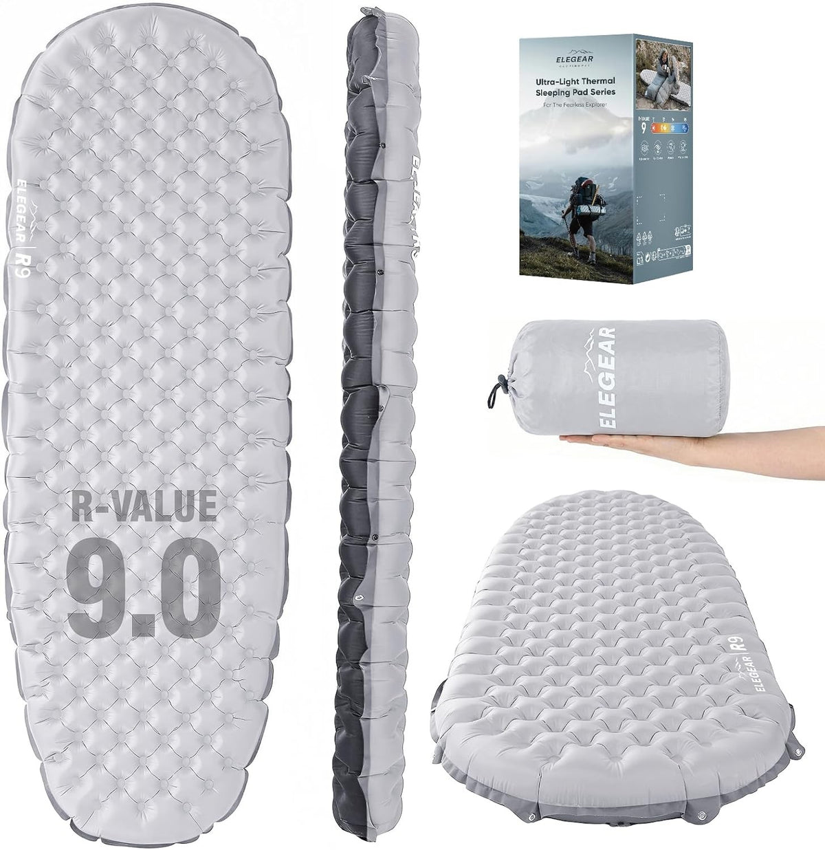 Ultralight Camping Sleeping Pad with 9 R-Value, 4-Inch Thick