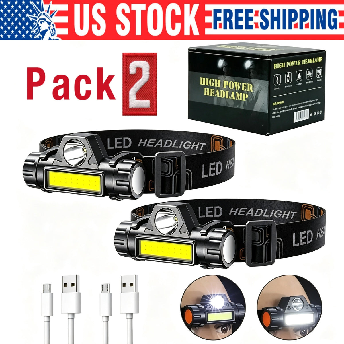 Rechargeable LED Headlamp Headlight Flashlight Waterproof 2 Pack
