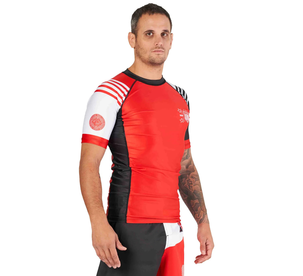 MMA Rashguard Short Sleeve Compression Top for Jiu Jitsu & BJJ - Black/Red