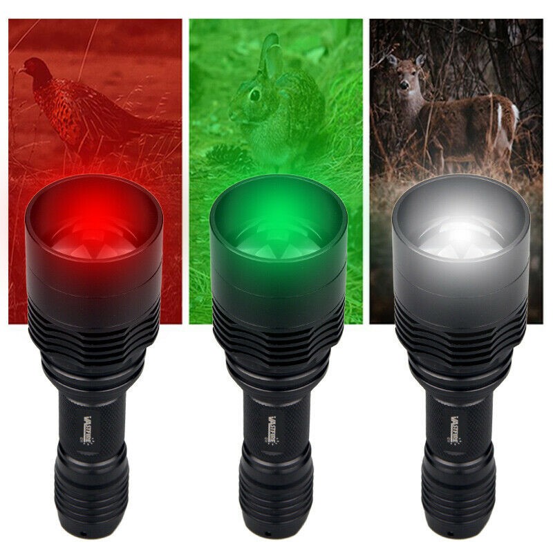 LED Hunting Flashlight with Red Green White Lights Long Range Outdoor Torch