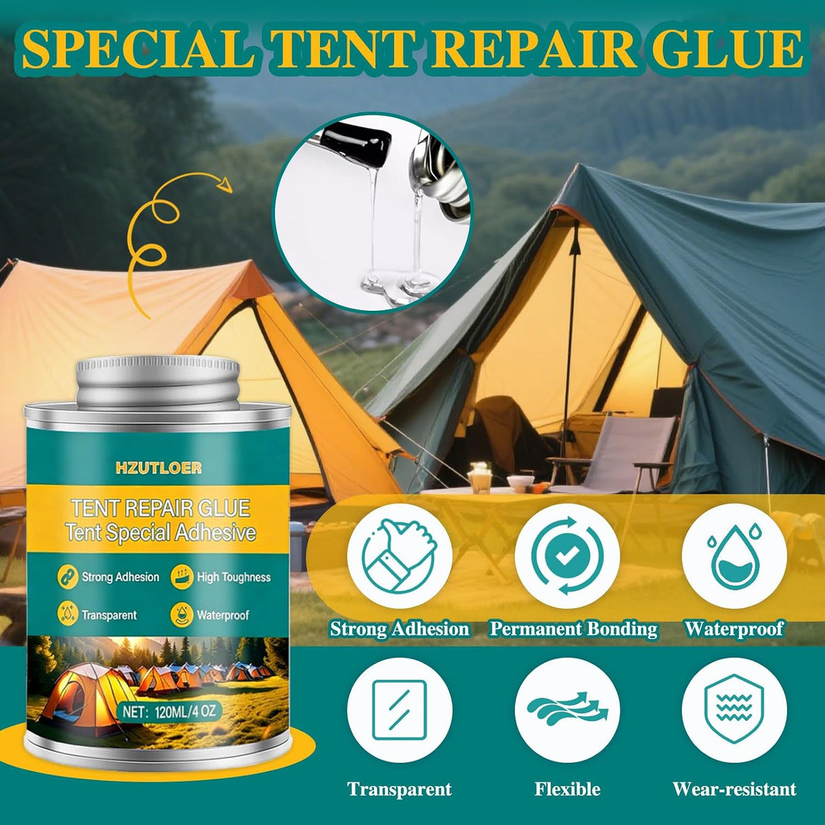 4Oz Tent Repair Glue Waterproof Sealant with Brush for Canvas & Outdoor Fabrics
