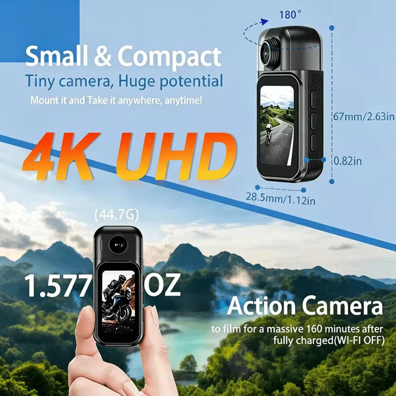 4K HD Action Camera with 1.47" Touch Screen POV Body Cam for Travel & Vlogging