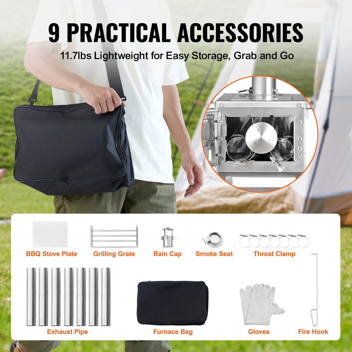 Portable Wood Stove for Camping Tent Stainless Steel Outdoor Heater & Cooker