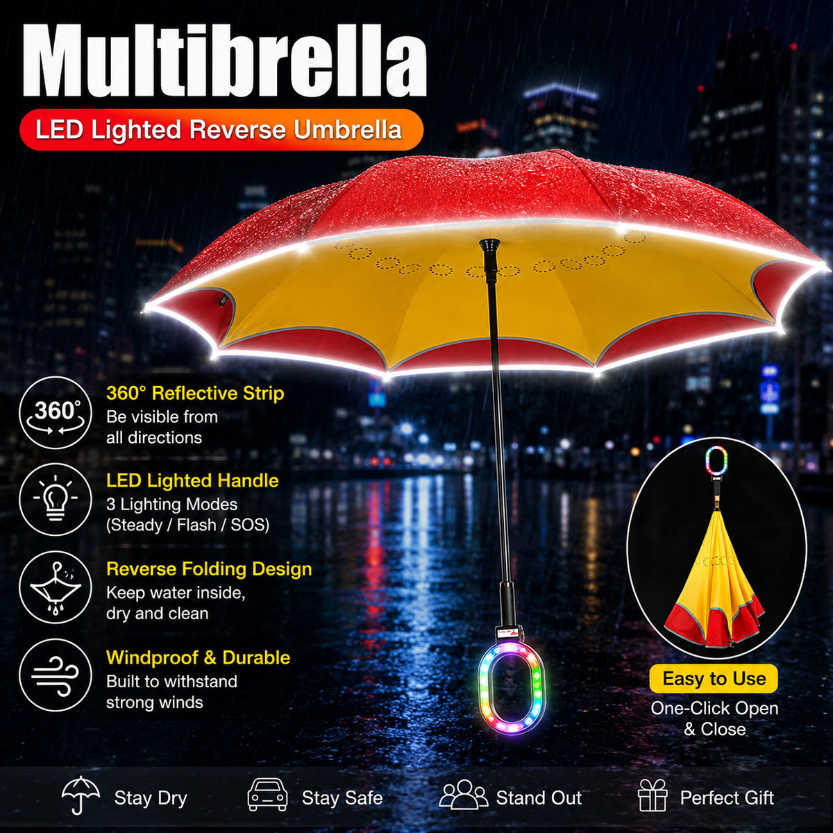 All-In-One Smart LED Safety Umbrella with SOS & White Light - Reflective, Water-Resistant, Hands-Free Handle