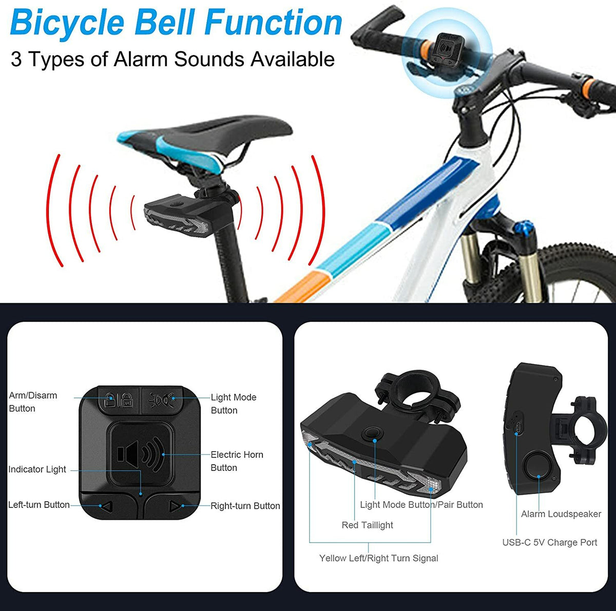 Wireless Bike Tail Light with Turn Signals & Brake Light - Waterproof, USB Rechargeable, 6 Modes