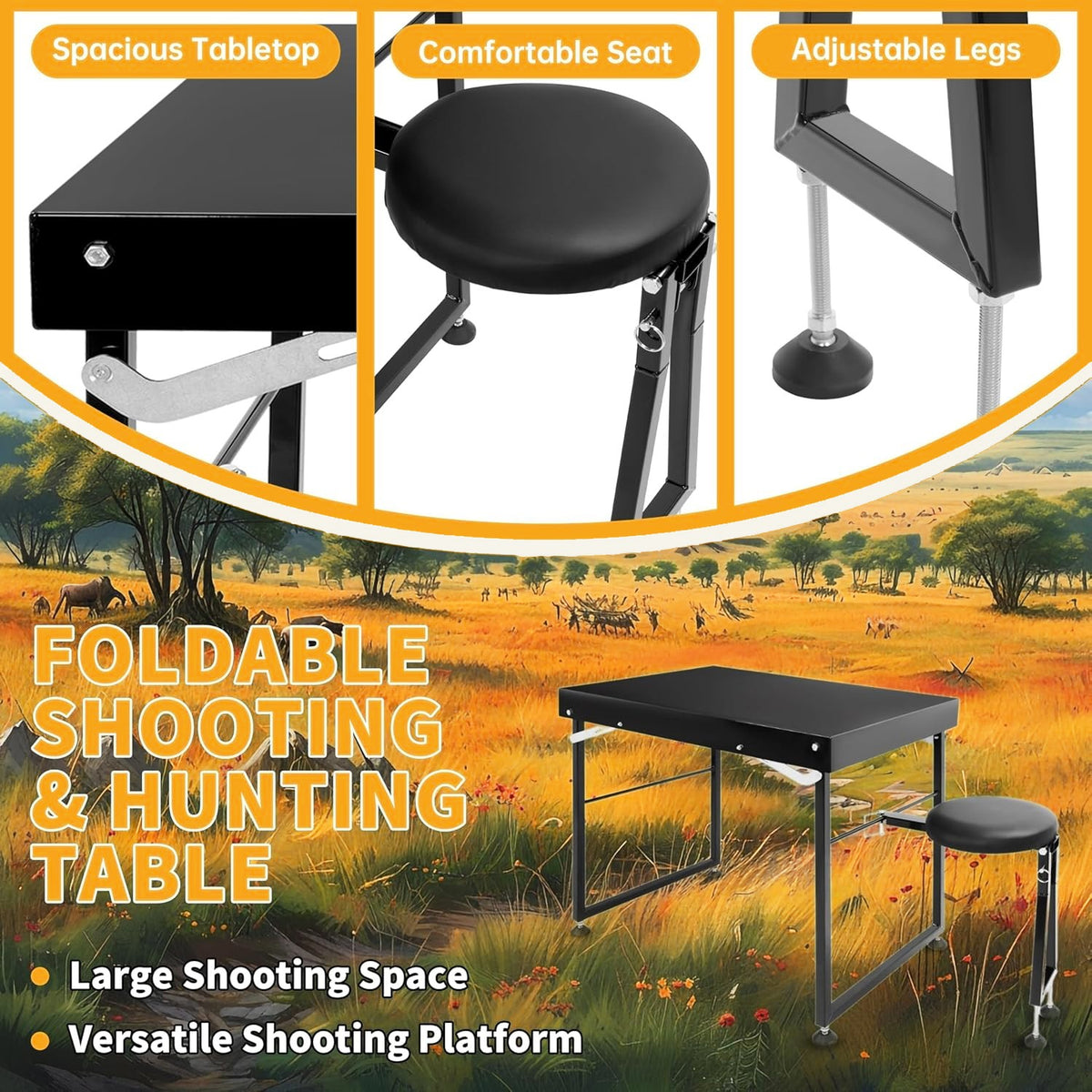 Heavy Duty Adjustable Shooting Table with Padded Seat and Foldable Design
