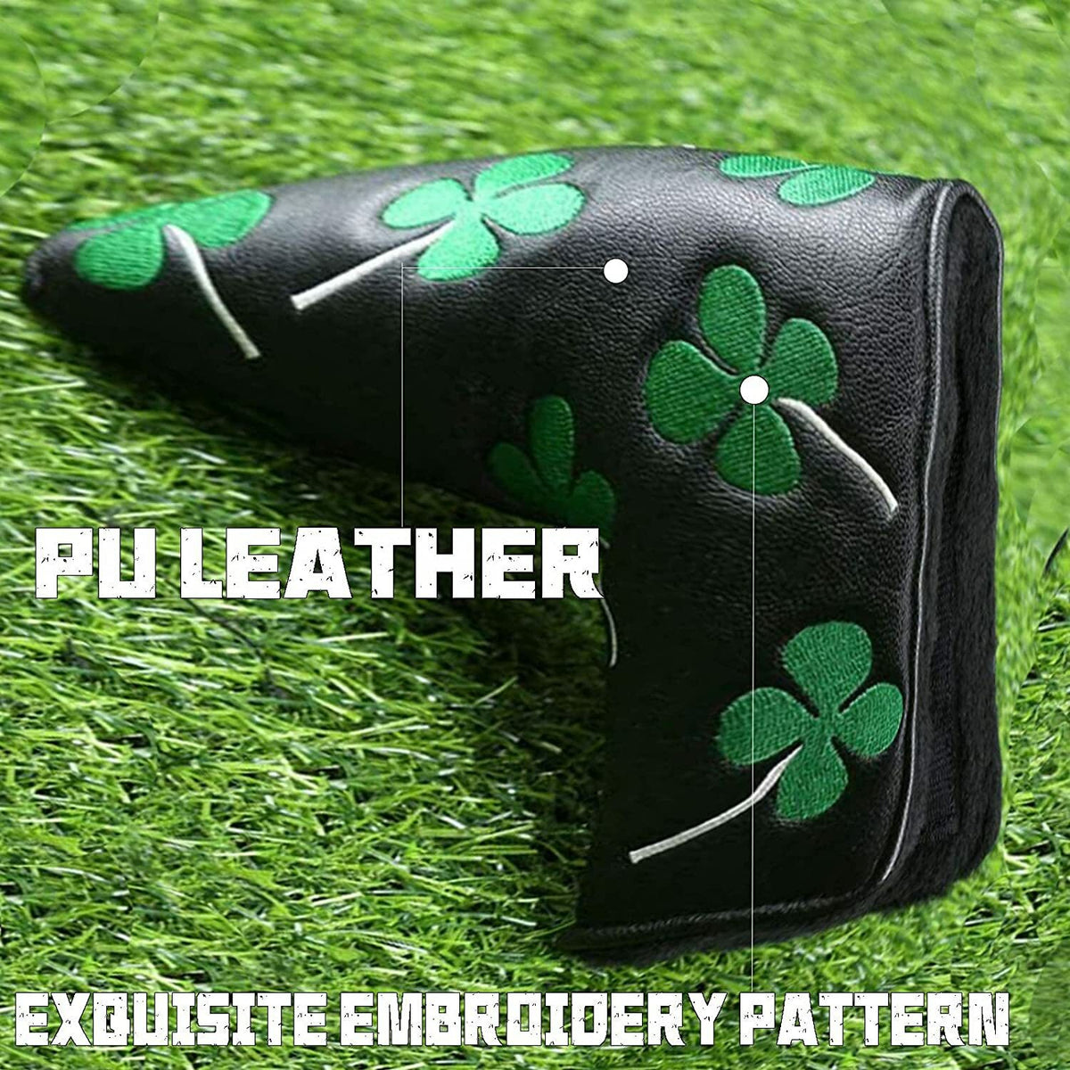 Lucky Clover Leather Putter Head Cover for Blade Golf Clubs - Black