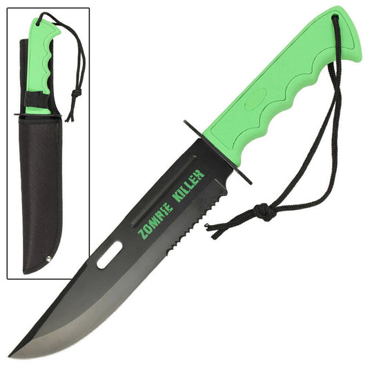 13-Inch Hunting Survival Combat Knife with Sheath - Black Blade, Green Handle