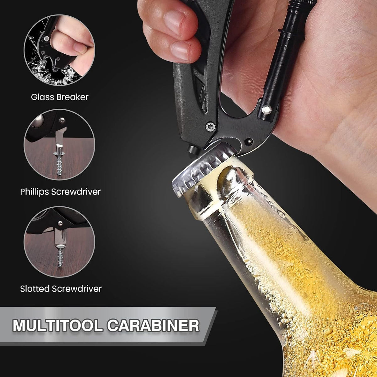 6-in-1 Multitool Carabiner with Pocket Knife, Emergency Glass Breaker, Gift for Men