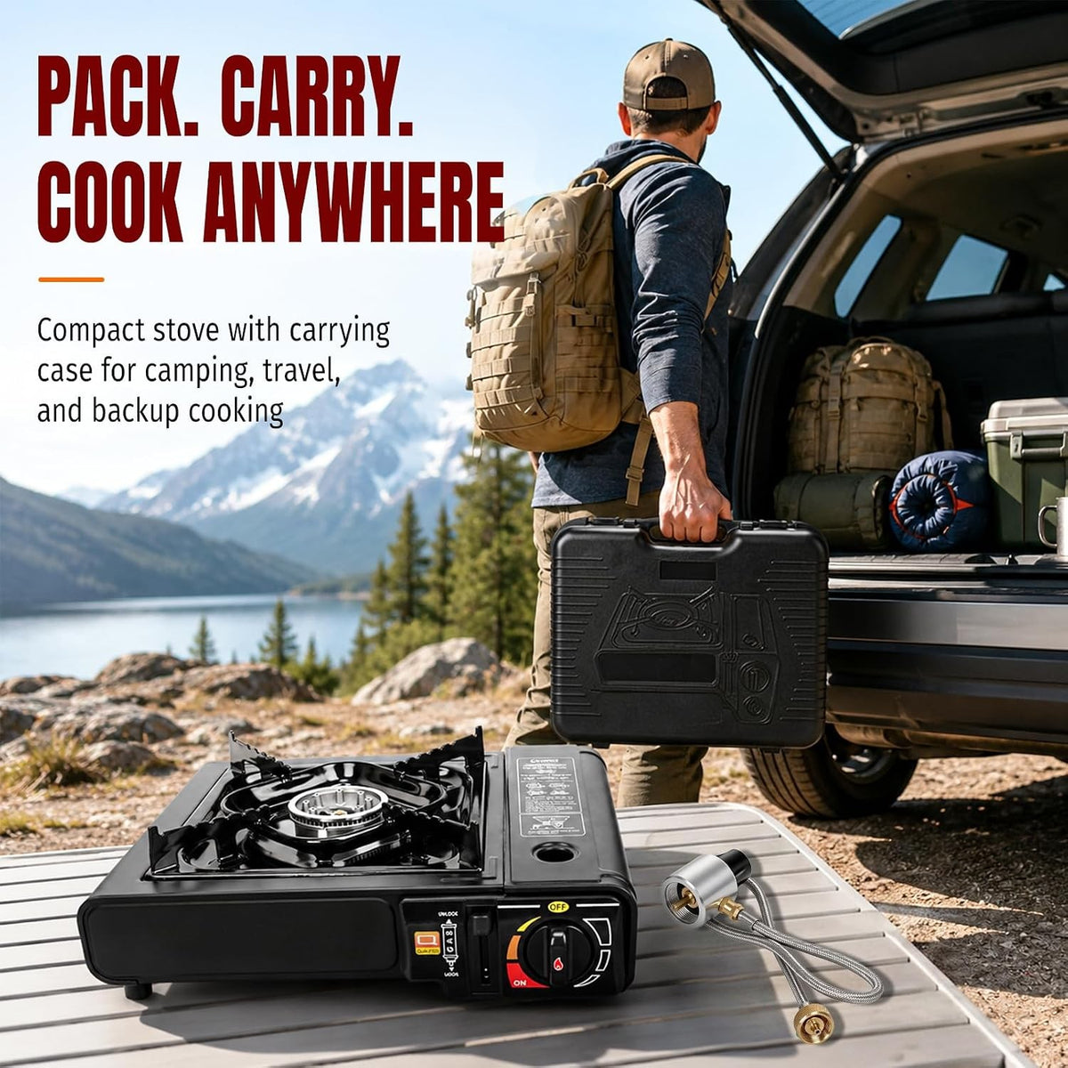 Portable Camping Stove Dual Fuel 7800 BTU with Carrying Case & Regulator Hose