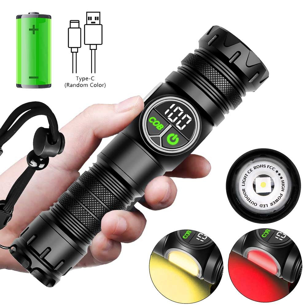Rechargeable LED Hunting Flashlight with COB Yellow Red Light Zoomable Torch