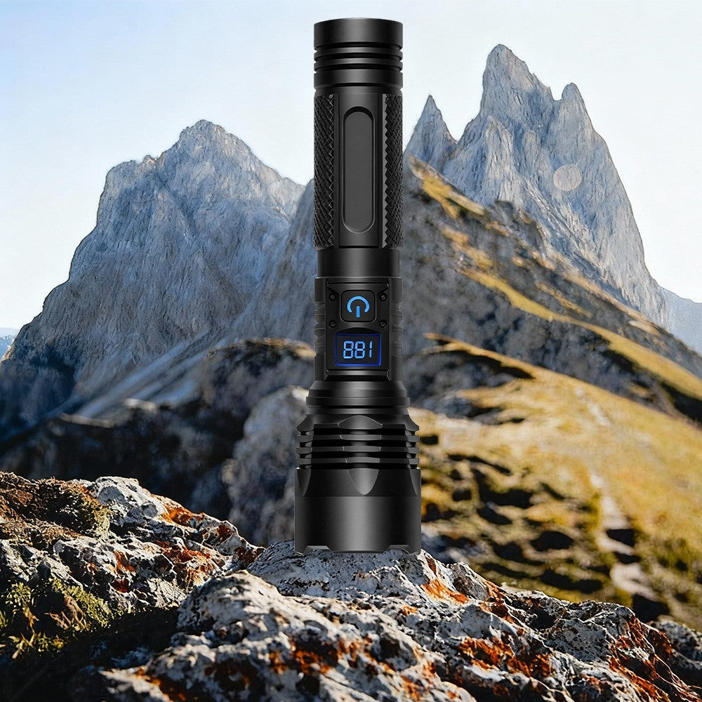 Rechargeable LED Tactical Flashlight with Zoom & Power Display - 20W, 500m Range