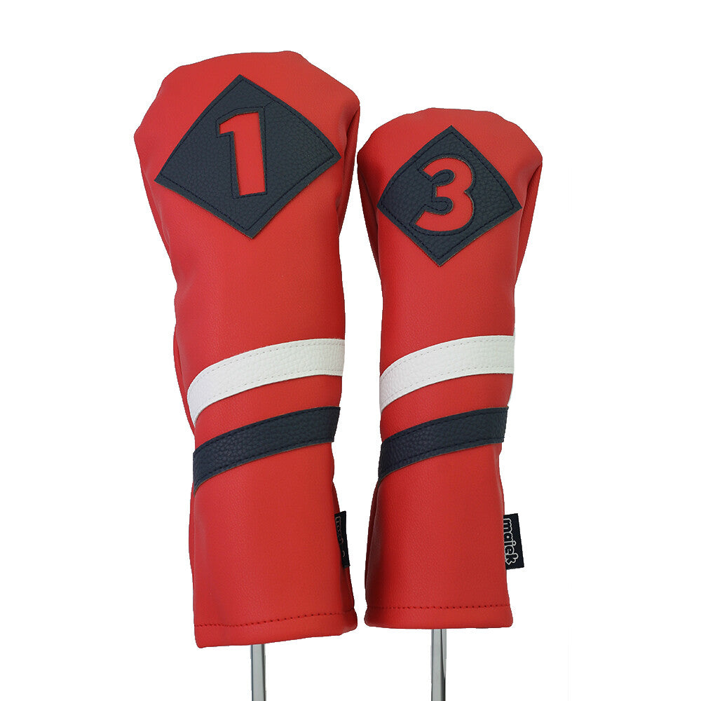 Retro Golf Driver & Wood Headcover Set - Leather Style, Red White Blue
