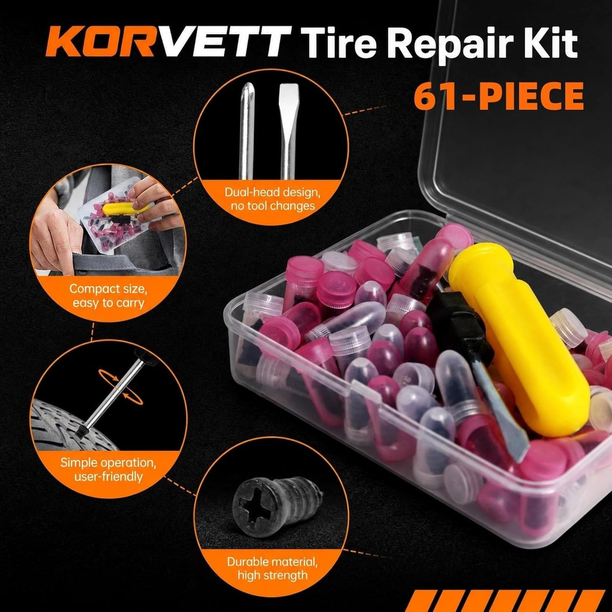 Automotive Tire Repair Kit with 60 Self-Drilling Screw-in Plugs & Screwdriver