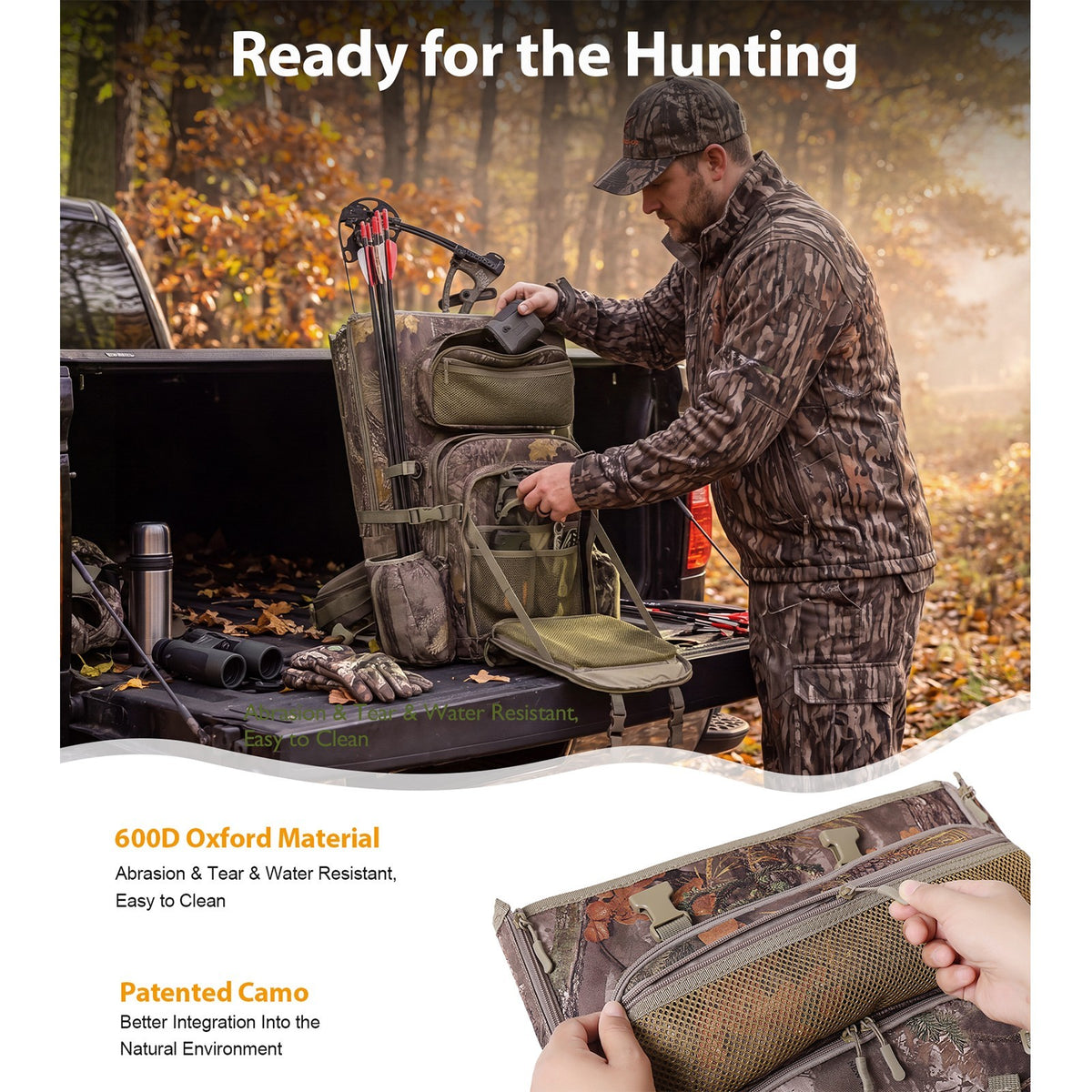 Hunting Backpack with Bow Holder and Quiver | Large Capacity Camo Hunting Bag