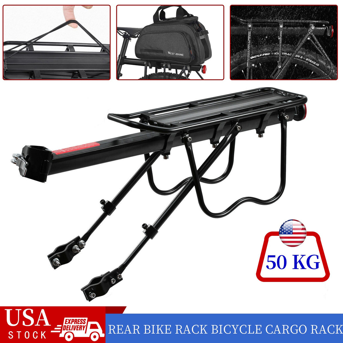 Heavy-Duty Bicycle Rear Rack for Mountain Bikes - Seatpost Mount, 110lb Capacity