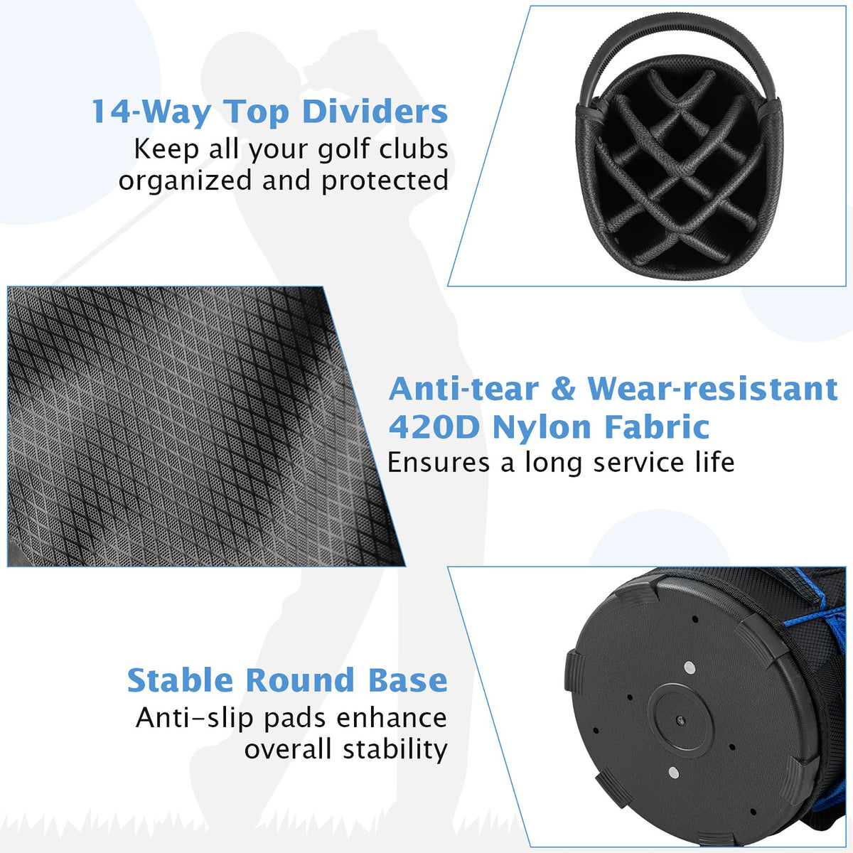 Lightweight Golf Cart Bag with 14-Way Dividers, Waterproof Pockets & Rain Hood - Blue