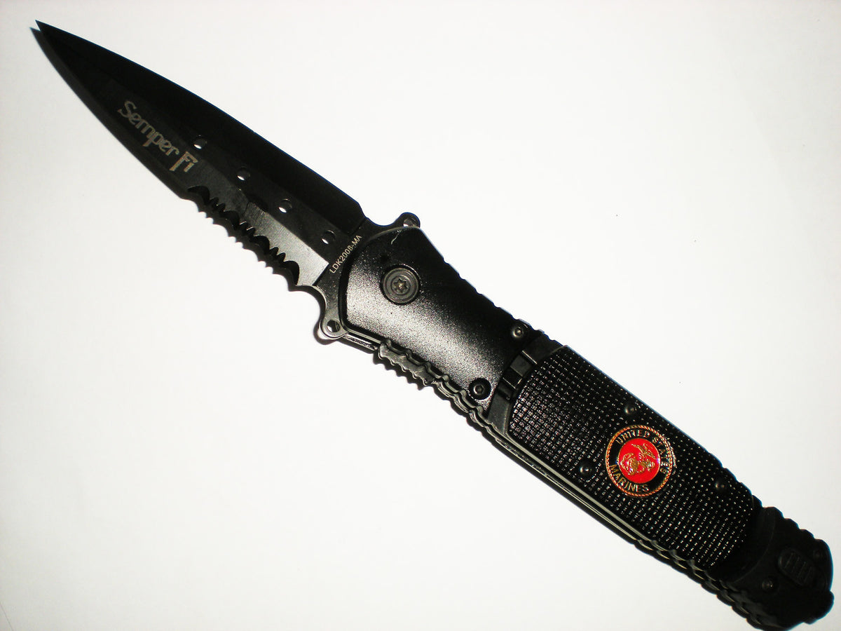 US Marine Semper Fi Assisted Blade Spear Point Knife with LED Flashlight