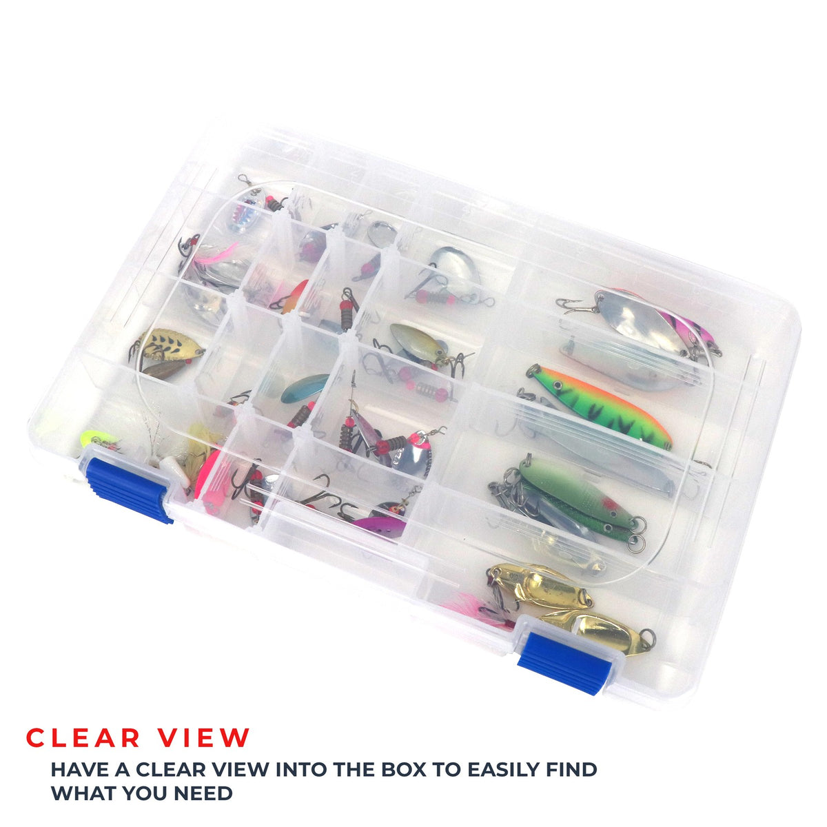 Medium Tackle Box Organizer for Fishing Storage, Clear Plastic, 19 Compartments