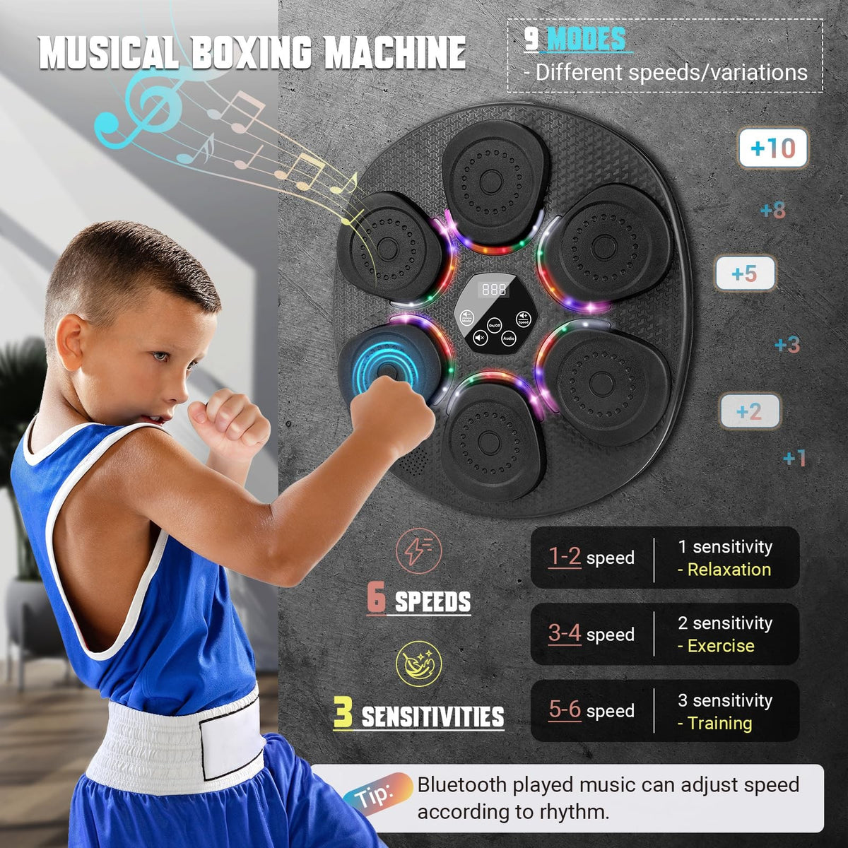 Music Boxing Machine for Adults & Kids - 9 Modes, 6 Speeds, LED Display