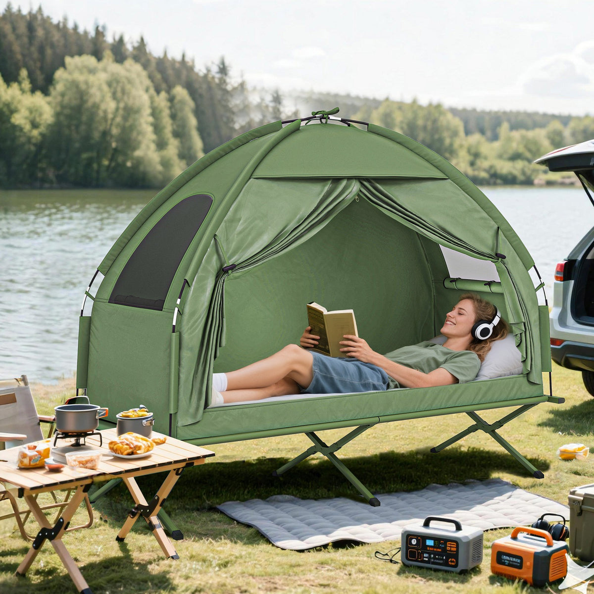 Portable Single-Person Camping Tent Cot Combo for Hunting & Fishing