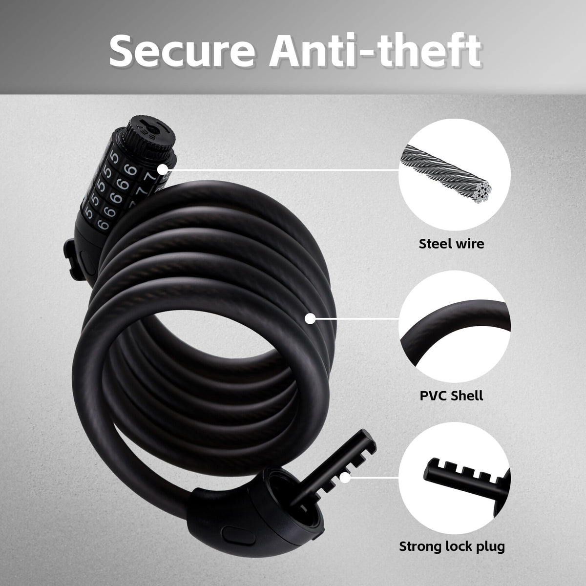 Heavy Duty Bicycle Lock with 5-Digit Combination - Waterproof Bike Cable Lock