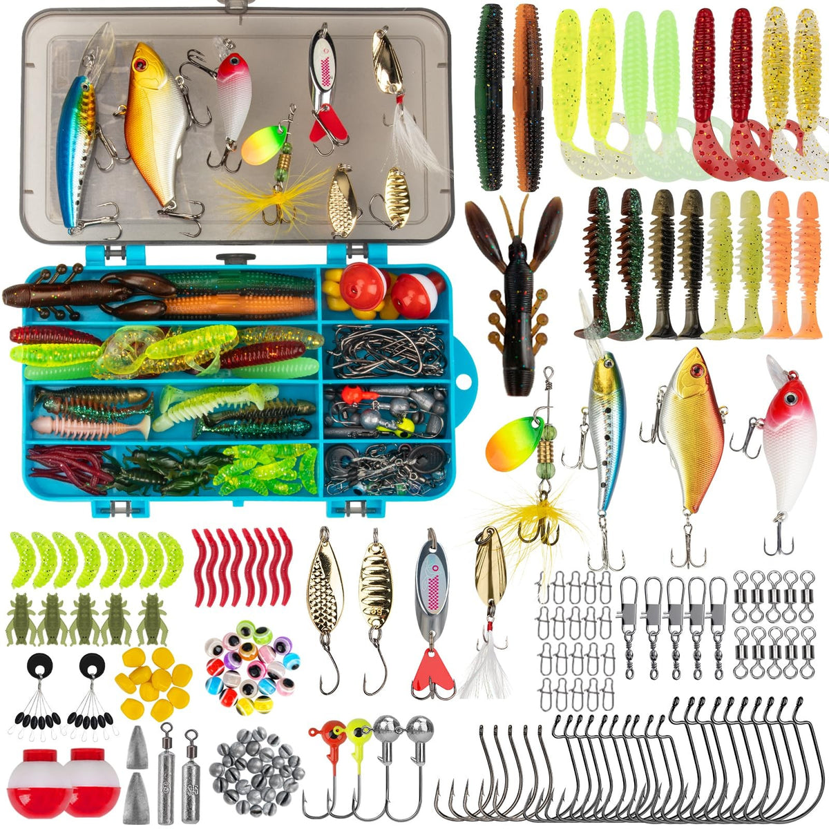 Complete Fishing Tackle Kit Set with Lures, Hooks, Accessories & Tackle Box