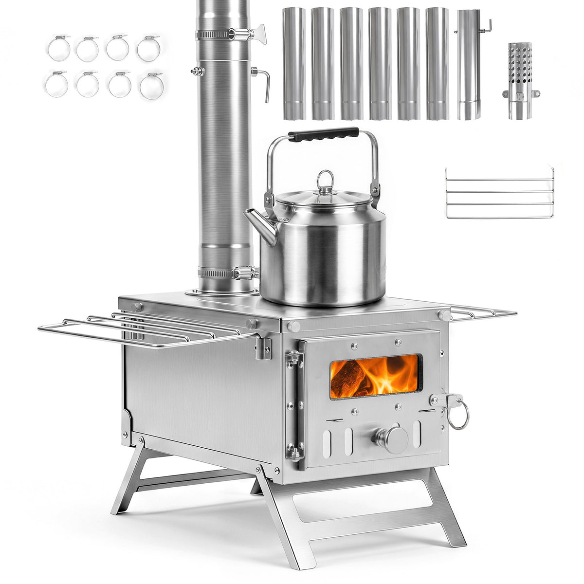 Portable Wood Burning Tent Stove with Chimney Pipes & Spark Arrestor - Light & Durable Camping Heater