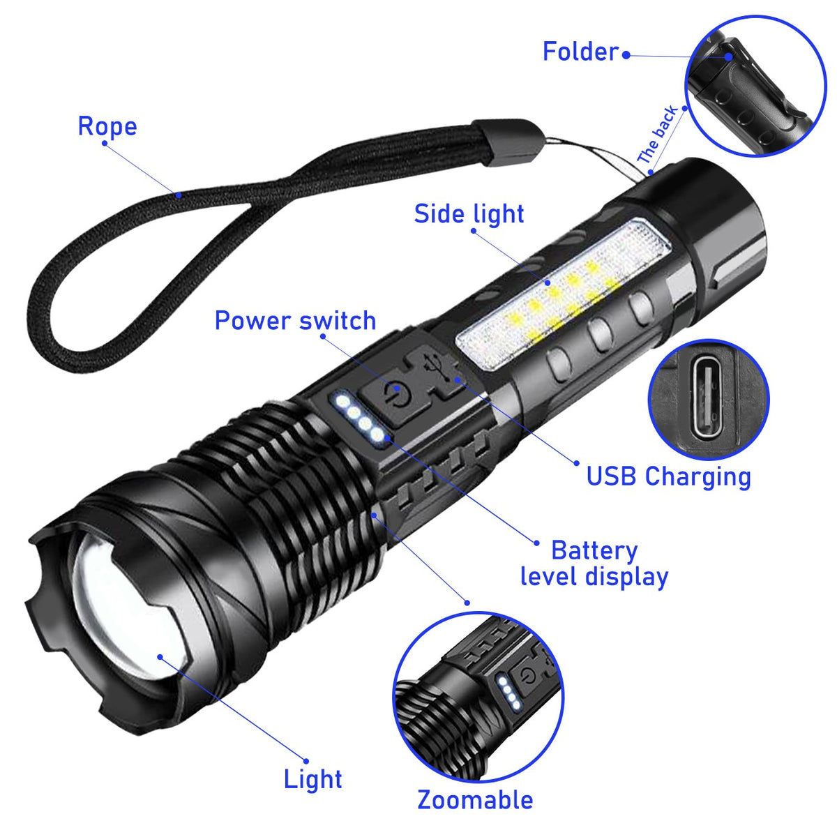 Rechargeable LED Flashlight with Zoom, 7 Modes, Waterproof Camping Torch
