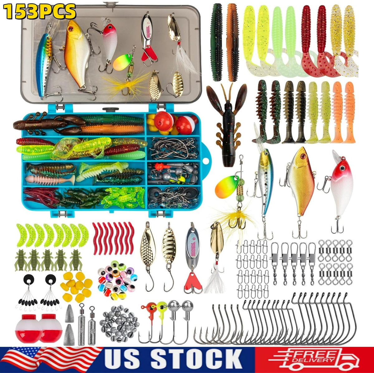 153PCS Fishing Lure & Tackle Box Kit for Bass & Trout - Complete Set