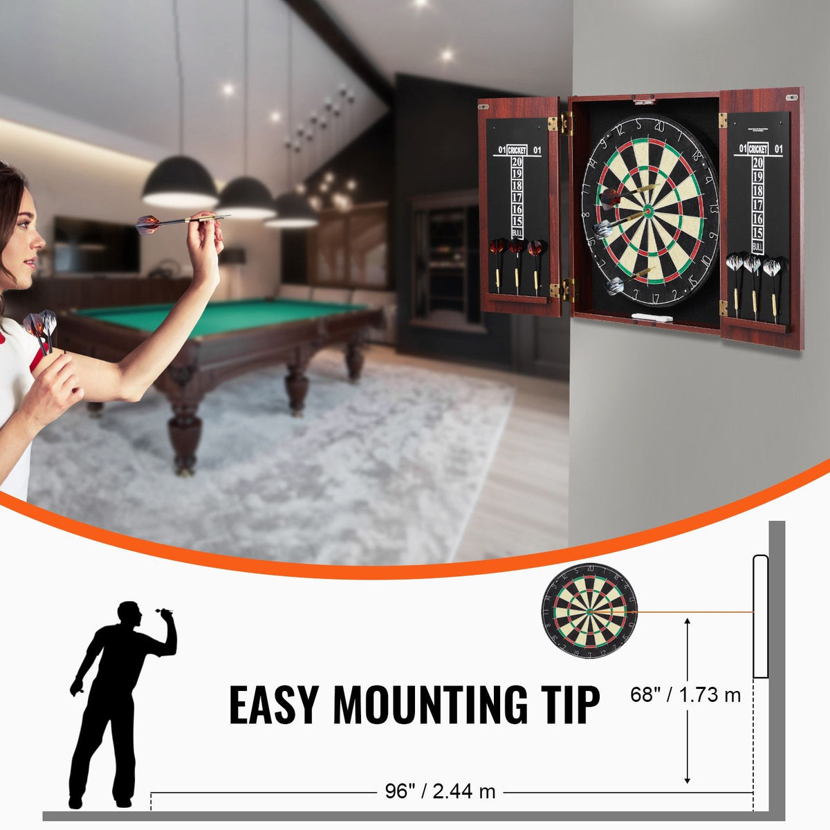 Official-Size Dartboard Cabinet Set with 18" Dartboard, 6 Steel Tip Darts