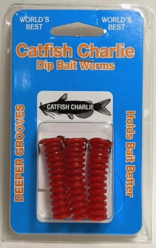 Catfish Charlie Dip Bait Soft Plastic Worms - Red, 3 Pack for Fishing