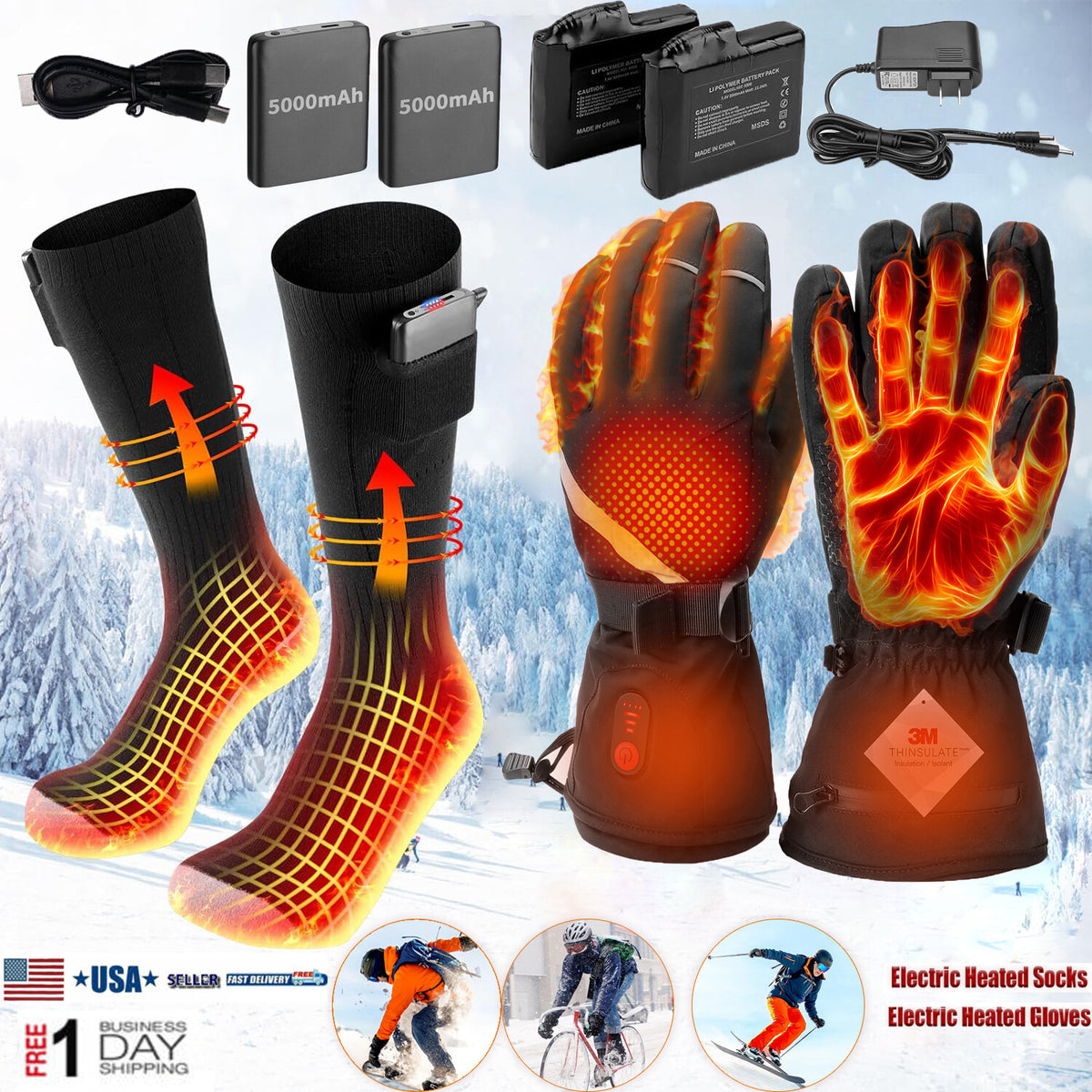 Electric Heated Socks & Gloves Set for Winter Cold Weather - Rechargeable