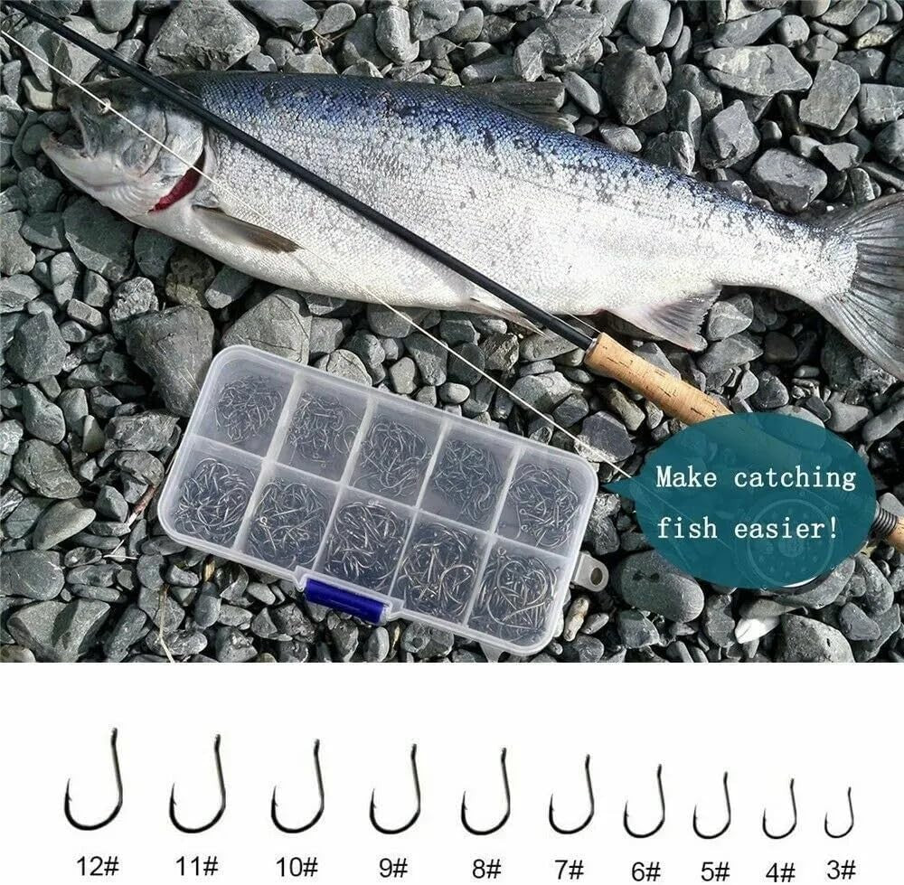 500pcs Fishing Hooks Set in 10 Sizes - Carbon Steel Sharpened Hooks with Storage Box