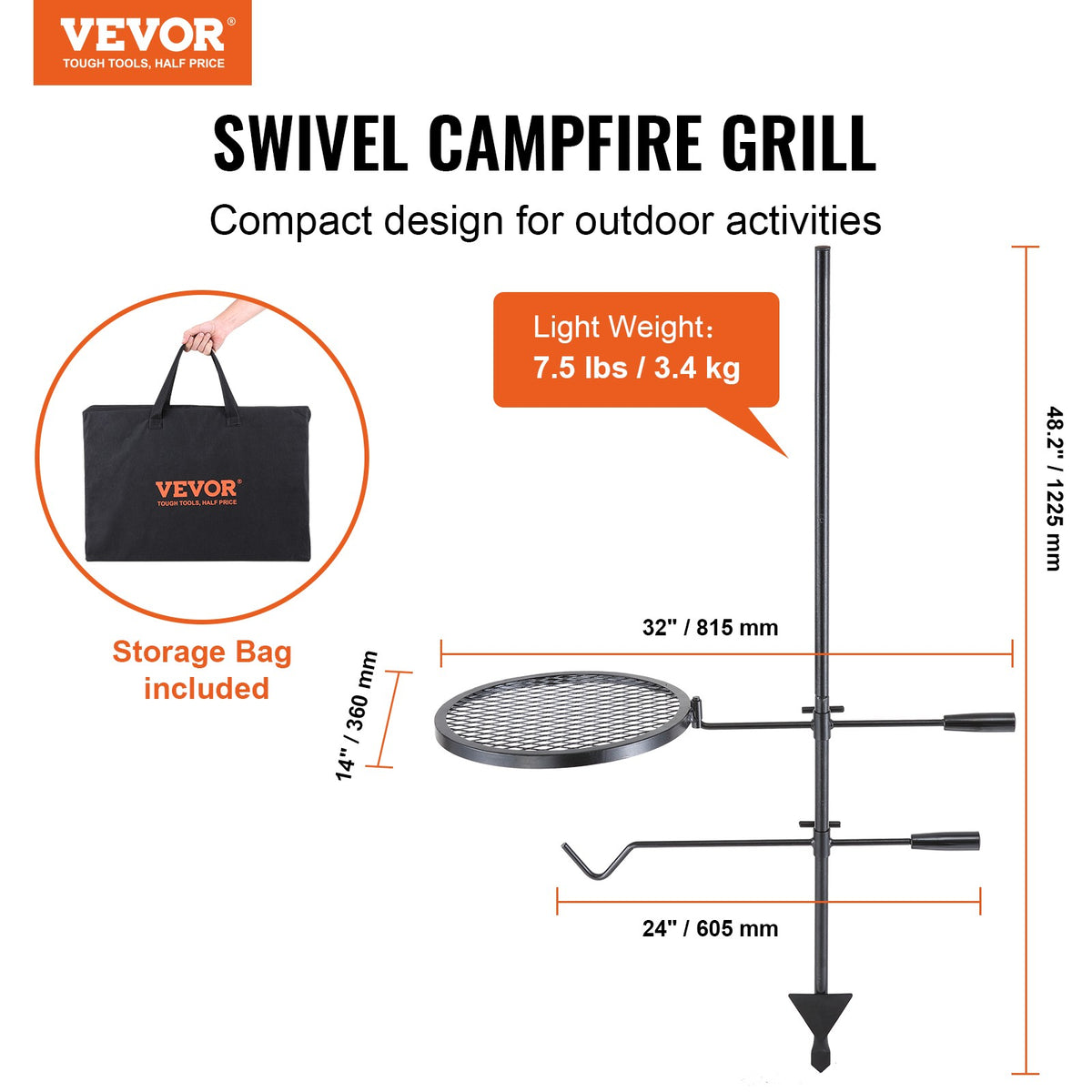 Heavy Duty Steel Swivel Campfire Grill with Adjustable Height - Portable Outdoor Cooking Grill