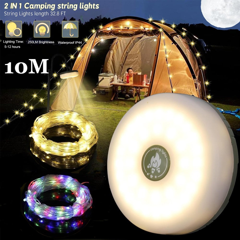 Rechargeable 33ft LED String Lights for Camping Tent & Home Decor - RGB Warm